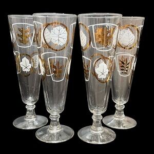 Vintage 1950s Federal Glass Set (4) Glen Echo Gold Leaf Footed Pilsner Glasses